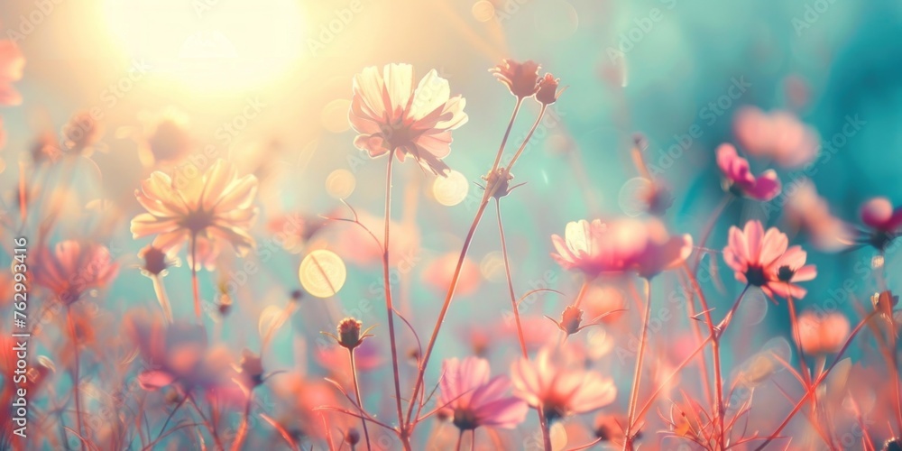 Vibrant cosmos flowers under a sunset glow, creating a whimsical and romantic meadow landscape. Vibrant cosmos flowers under a sunset glow, creating a whimsical and romantic meadow landscape.