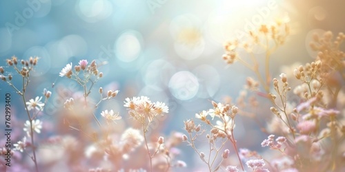 Delicate wildflowers bask in ethereal sunlight with a dreamy, soft-focus background creating a tranquil scene.