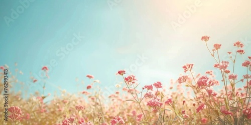 Vivid pink wildflowers flourishing under a clear blue sky, depicting a perfect sunny day in nature. © tashechka