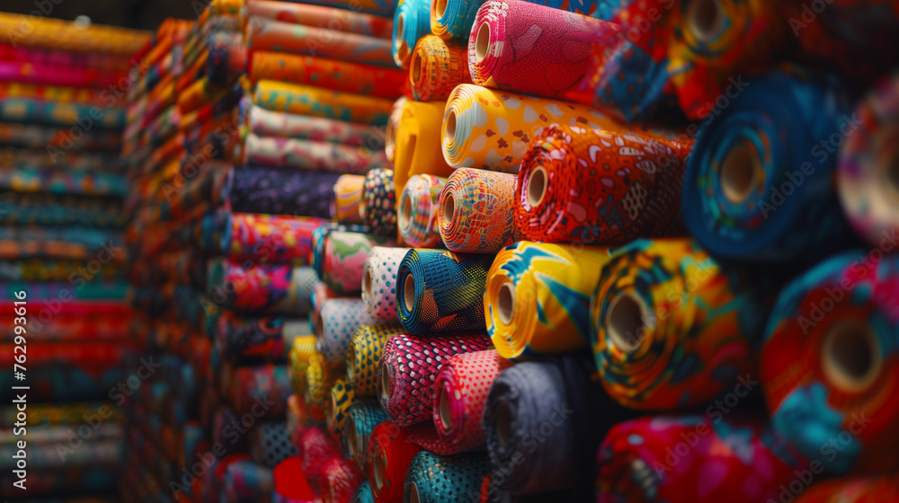 Bright rolls of colored fabric with different patterns on the market or warehouse