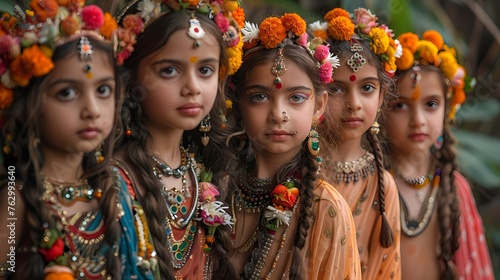A group of young girls dressed as gopis, performing a graceful dance drama portraying the eternal love between Radha and Krishna