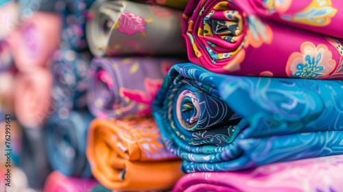 Bright rolls of colored silk fabric with different patterns