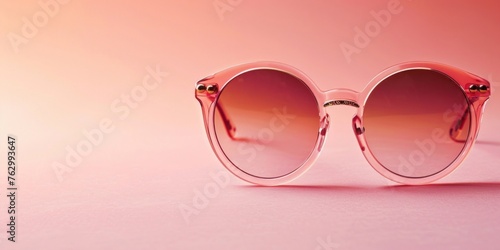 Stylish pink sunglasses with round frames on a matching pastel pink background.