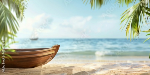 Wooden boat on a pristine tropical beach flanked by palm trees and a clear blue sea.