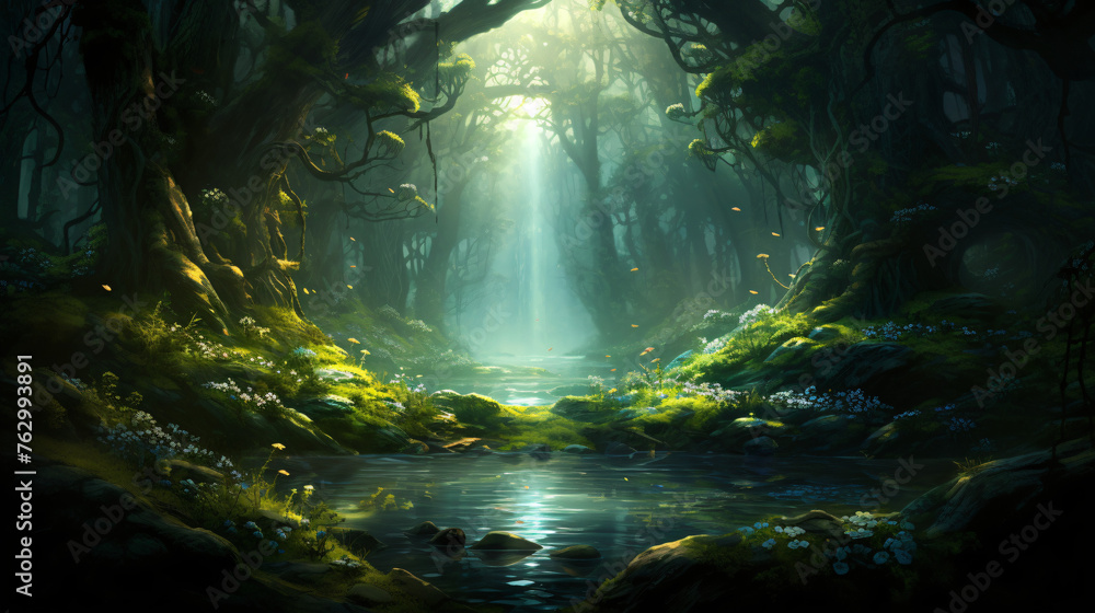 A magical forest where time flows backwards with trees