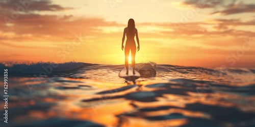 Silhouette of a young woman boarding on a serene ocean as the sun sets, creating a tranquil scene.