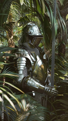 A hyper-realistic portrayal of a medieval soldier clad in shimmering aluminum armor camouflaged within a dense tropical jungle scene from the 1100s photo