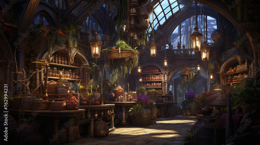 A magical laboratory where alchemists brew potions 