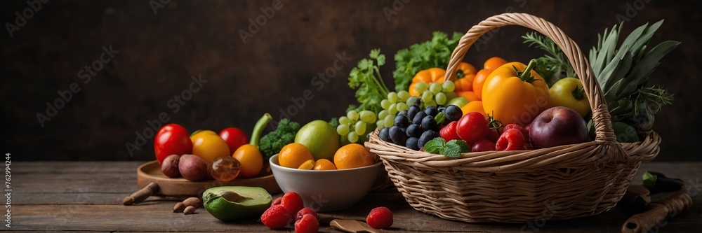 Basket with fresh fruits and vegetables. Basket with fresh fruits and vegetables.