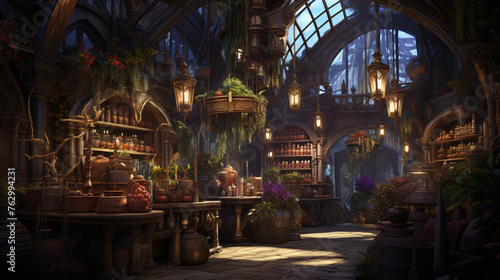 A magical laboratory where alchemists brew potions 