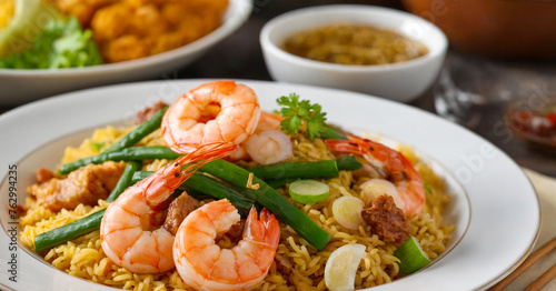 Savory chinese stir-fried dish featuring shrimp, rice, vegetables, and medley of flavorful ingredients served on white plate.