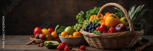 Basket with fresh fruits and vegetables.