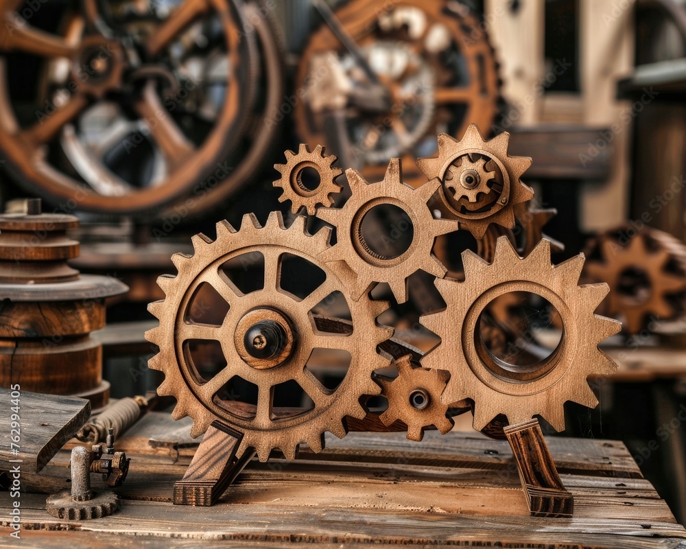  Hand-polished wooden gears and wheels set against a backdrop of an artisan workshop