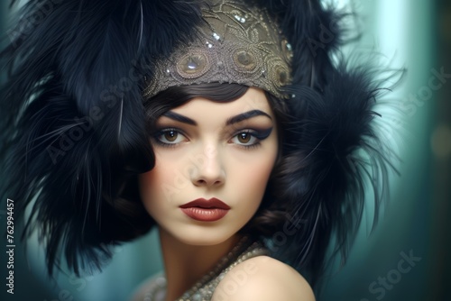  A glamorous portrait showcasing the coquettish charm of 1920s flapper fashion, with feathered headpieces, beaded dresses, and smoky eye makeup.