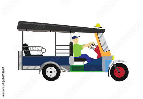 Thai version of a Tuktuk motor service or auto rickshaw which is popular in Thailand as a transport and tourism icon that is a 3 wheeler. Editable Clip Art.