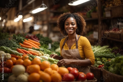 Cheerful african woman working in fresh vegetables shop