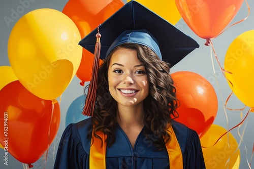 A portrait of a graduate holding balloons in their school colors, with a beaming smile © Hanna Haradzetska