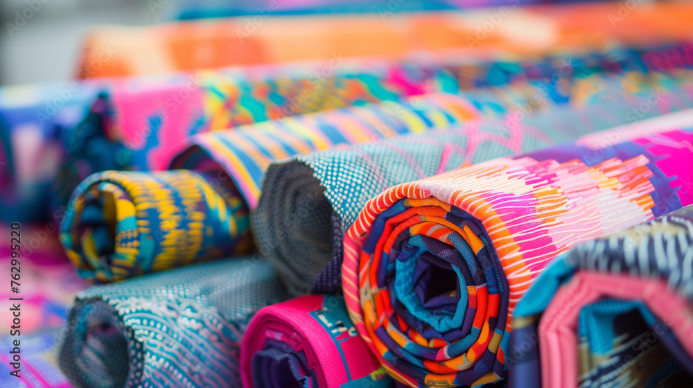 Bright rolls of modern colored fabric in neon shades with different patterns