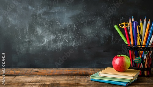 stationaries and Books on the table, mockup with copyspace, with Blank Chalkboard background, Back To School concept