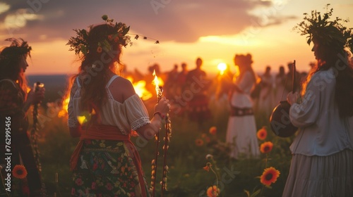 Slavic rituals on Kupala night. Lighting a bonfire, divination, weaving wreaths. A young woman