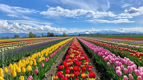 Fields of vibrant tulips stretching to the horizon