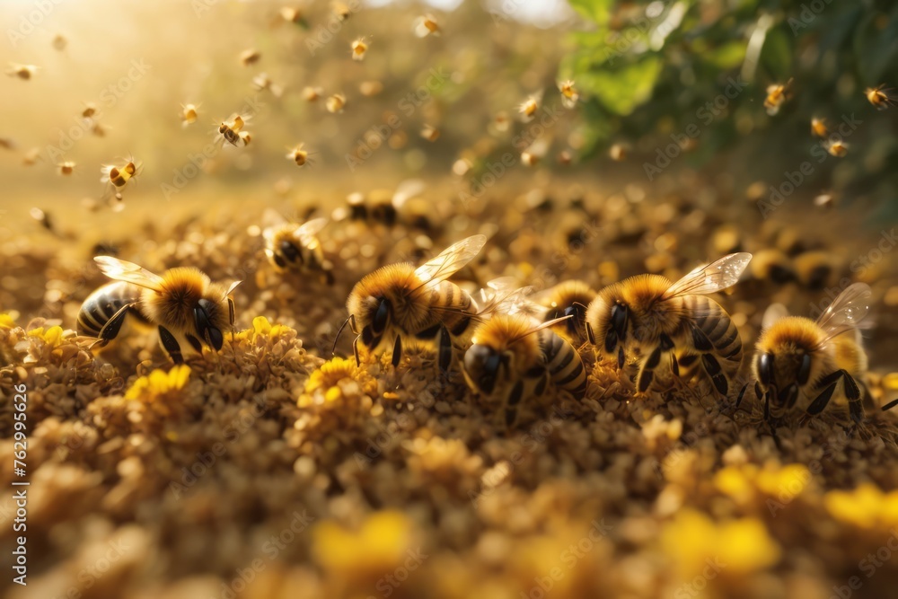 Honey bees swarm and fly around the hive in search of flower nectar Honey bees swarm and fly around the hive in search of flower nectar