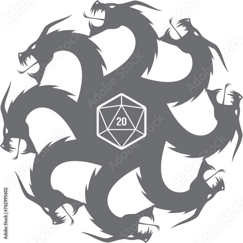 Vector circular emblem consisting of dragon heads, inside the symbol of 20 double sided cubes. Board Games. Isolated on white background.