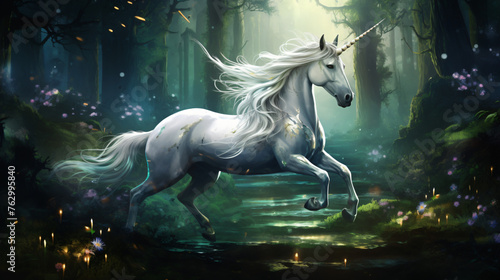 A mystical and graceful unicorn galloping through a my © Cybonix