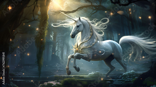 A mystical and graceful unicorn galloping through a my