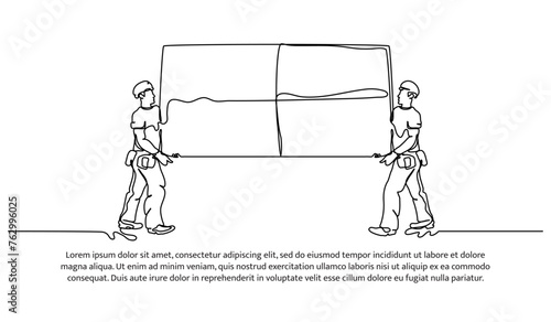 One line continuous of contractors work together. Minimalist style vector illustration in white background.