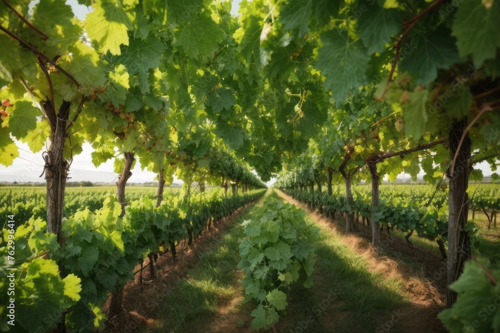 Green grape field with rows of vines for harvest. agriculture, farming and harvesting concept