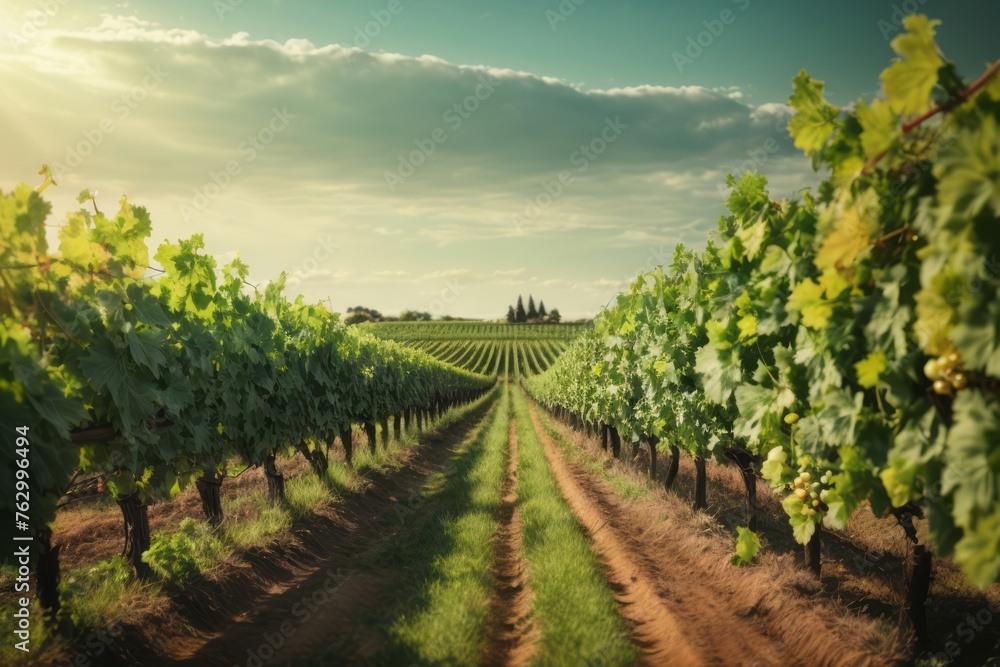 Green grape field with rows of vines for harvest. agriculture, farming and harvesting concept Green grape field with rows of vines for harvest. agriculture, farming and harvesting concept
