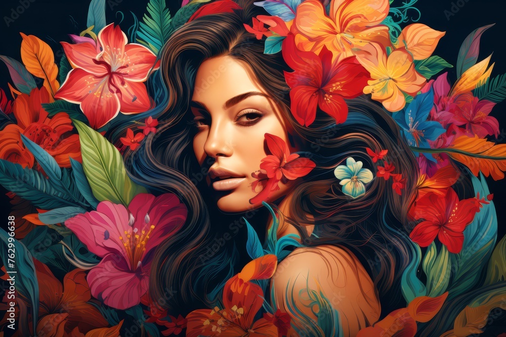 Illustration showcasing a woman with intricate floral patterns in her attire, resembling the vibrant hues of a tropical hibiscus.
Illustration showcasing a woman with intricate floral patterns in her attire, resembling the vibrant hues of a tropical hibiscus.
