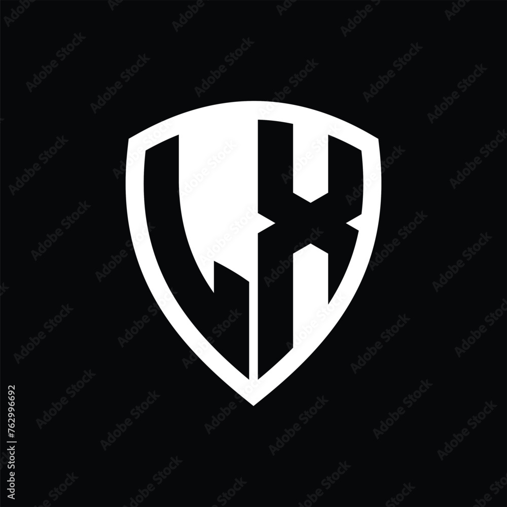 LX monogram logo with bold letters shield shape with black and white color design LX monogram logo with bold letters shield shape with black and white color design