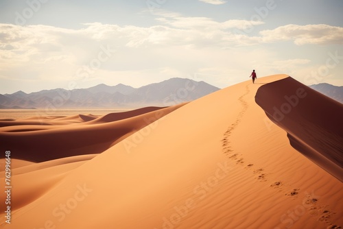 A sense of solitude and vastness that defines the desert landscape, with a solitary figure traversing the sandy terrain, embodying desert aesthetics. photo
