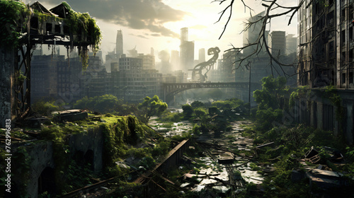 A postpocalyptic cityscape reclaimed by nature with