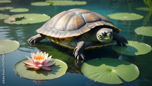 A turtle peacefully floating on a lily pad in a calm pond.