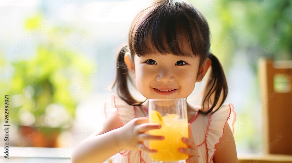 笑顔の子供、オレンジジュースを飲む日本人の女の子 笑顔の子供、オレンジジュースを飲む日本人の女の子