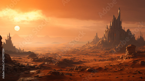 A postpocalyptic desert landscape with sand dunes st © Cybonix