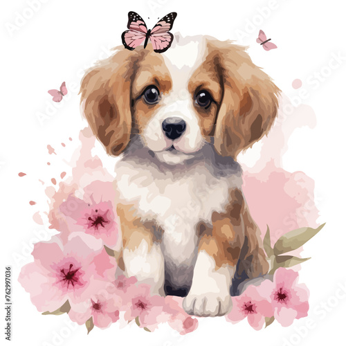 Cute dog clipart with watercolor with pink flower 