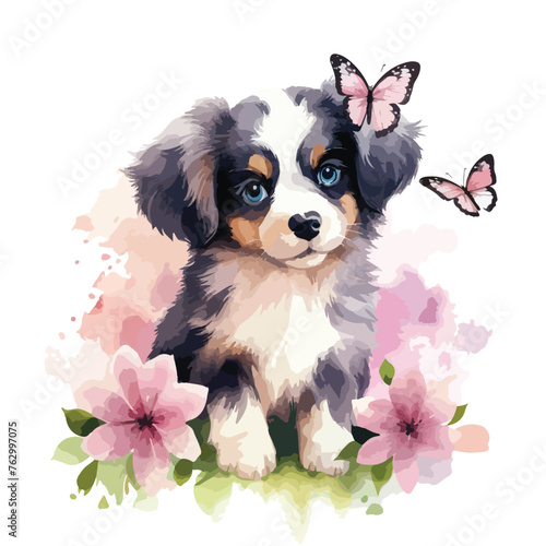 Cute dog clipart with watercolor with pink flower 