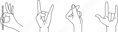 doodle hands with different gesture, hand drawn, outline vector, ok rock love photo