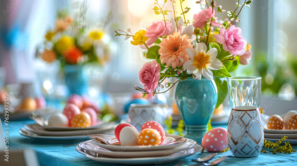 Close up of Easter table setting with spring bouquet and Easter eggs on Easter morning Close up of Easter table setting with spring bouquet and Easter eggs on Easter morning