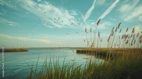 A coastal estuary alive with the calls of shorebirds, framed by marsh grasses swaying in the breeze photo