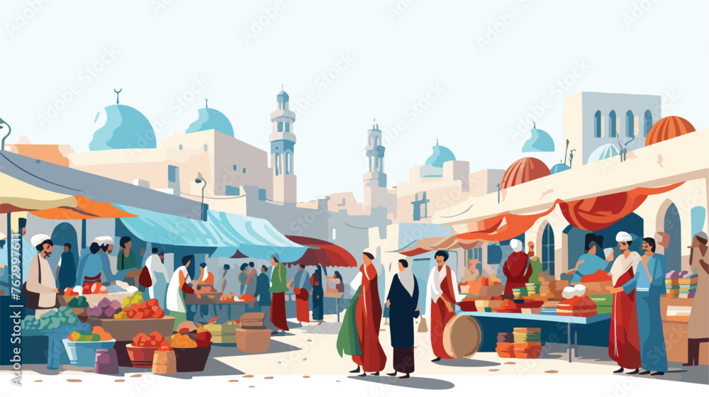 A bustling market scene in a foreign country. flat vector
