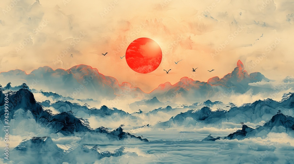 An abstract art landscape with crane birds elements and Chinese clouds with blue watercolor texture. - obrazy, fototapety, plakaty 