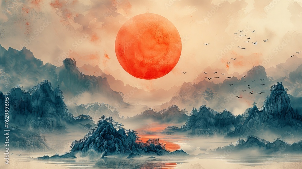 Chinese cloud decoration with blue watercolor texture in vintage style. Abstract landscape with crane birds and a red sun. - obrazy, fototapety, plakaty 