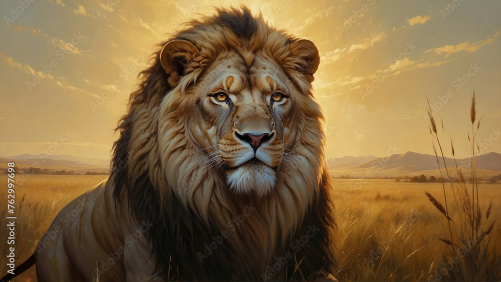 Leo, the lion, showcased in a majestic portrait against a backdrop of golden sunlight.