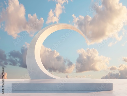 picture of a massive, white, arched product podium with a moon figurine on it set against a cloudy, blue sky