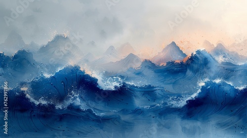 Abstract art landscape banner design with watercolor texture modern. Asian traditional icon with blue brush stroke texture. © Mark
